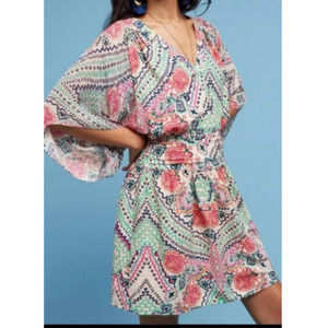 Anthropologie Maeve Siya Kimono Multicolor Abstract Floral Print Boho Dress Sz 6
